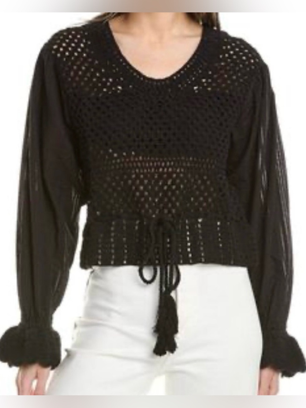 New Elan Black Crochet Peasant Sleeve Cropped Drawstring V-Neck Sweater, Small